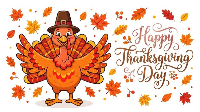 Festive thanksgiving day turkey with autumn leaves and calligraphy holiday greetings card