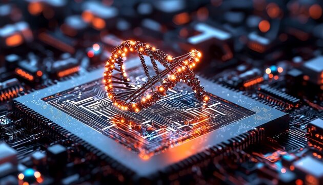 A futuristic DNA helix arises from glowing microchip circuits.