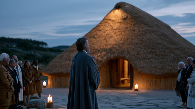 Swedish museum spokesperson delivers a twilight blue hour outdoor lecture beside a reconstructed Viking longhouse, pointing to roof detail, a group of visiting academics in field