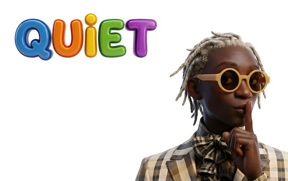 3d smooth render colorful well-dressed African American man with finger to lips shush hush quiet illustration white background