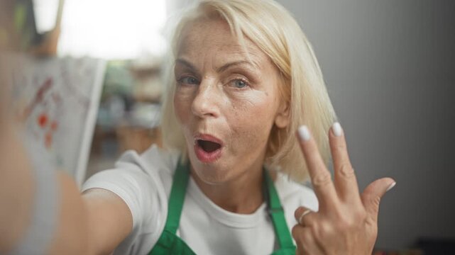 Middle aged blonde woman in green apron sticking out tongue and flashing a peace sign while holding a brush beside canvas in studio; playful creativity.