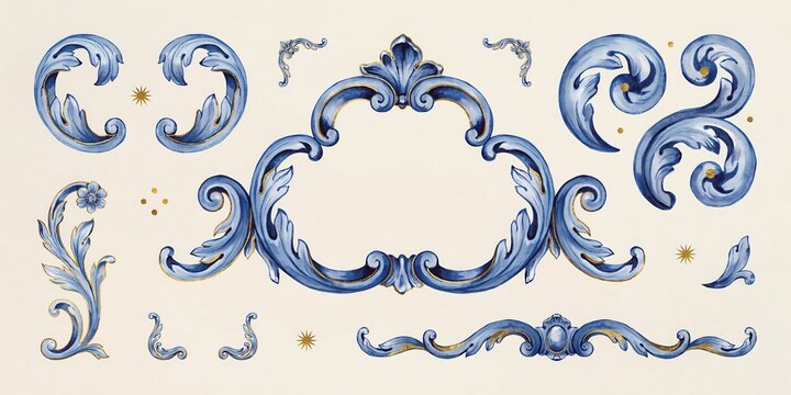 Set of blue and gold ornate rococo style decorative elements