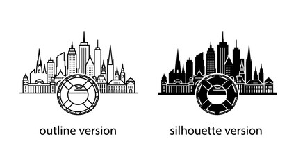 Obraz premium Cityscape and Lifebuoy Icons: Two stylized depictions of a modern city skyline, presented in both outline and silhouette versions.