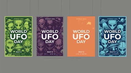 World UFO Day Graphic Poster Series with Alien Illustrations and Flying Saucers, Four Colorful Retro Style Designs for July 2nd Event, Extraterrestrial Space Theme with Planets and Stars, Vector Set © Daffa