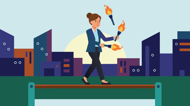 Focused businesswoman skillfully juggling burning torches while walking narrow balance beam at sunset symbolizing multitasking work life balance and professional risk management