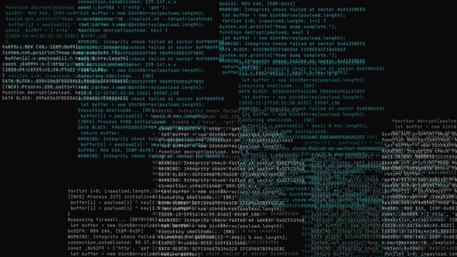 Computer terminal scrolling with multi-color digital glitches and system log data on black background.