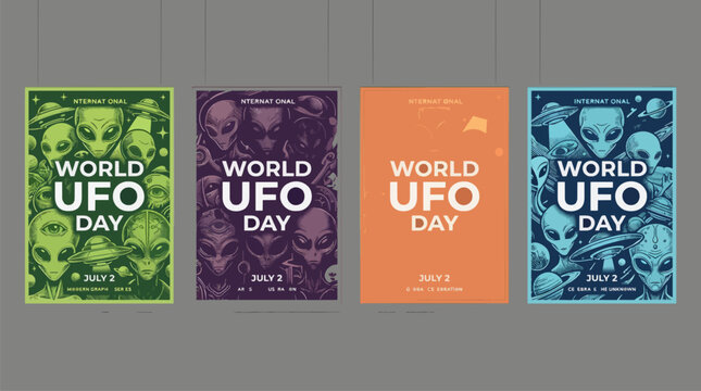 World UFO Day Graphic Poster Series with Alien Illustrations and Flying Saucers, Four Colorful Retro Style Designs for July 2nd Event, Extraterrestrial Space Theme with Planets and Stars, Vector Set