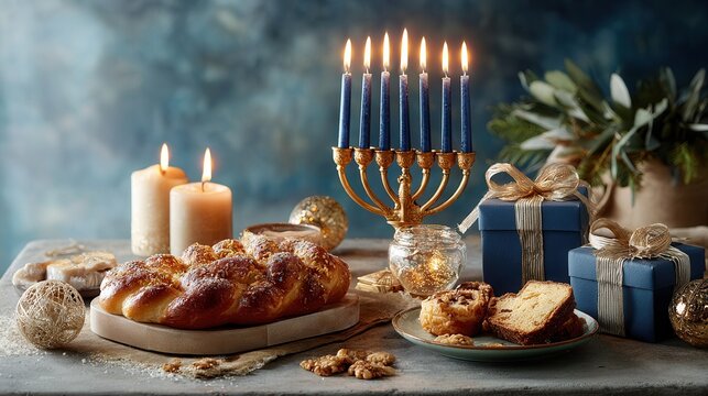 Hanukkah menorah with bread and gifts