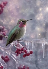 Fototapeta premium Hummingbird perched on icy branch with berries