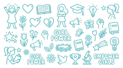 Fototapeta premium Collection of hand-drawn icons representing girl power, empowerment, and education for young women.