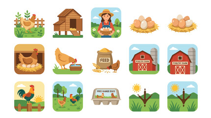 Collection of poultry farm illustrations with chickens, eggs, and barns. © Iffa
