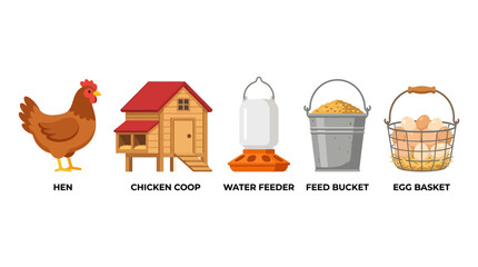 Cartoon chicken farm supplies: hen, coop, feeder, feed, eggs. © Iffa