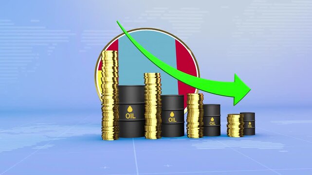 1Mongolia Oil Prices Decline with Oil Barrels, Gold Coins and Downward Green Arrow, 3D Economic and Financial Market Concept