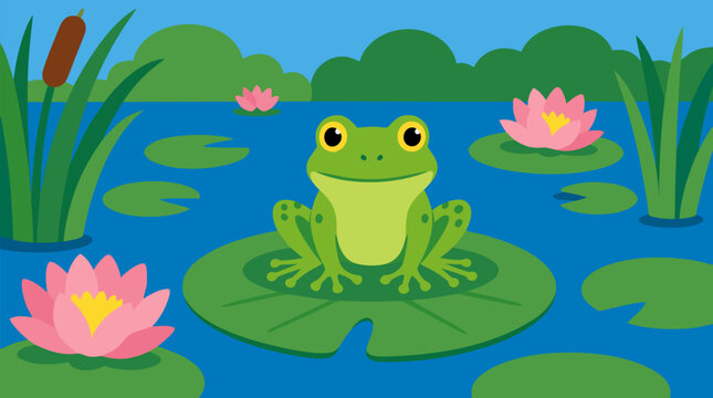 Cheerful green frog sitting on lily pad in summer pond with blooming pink waterlilies, cattails, and lush foliage under bright blue sky, cute wildlife vector illustration