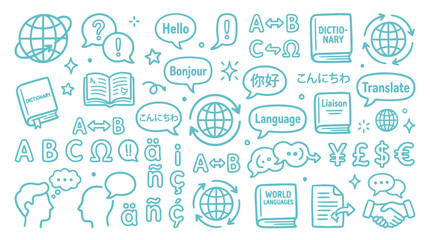 Collection of hand-drawn icons representing language learning, translation, and global communication. © Meila