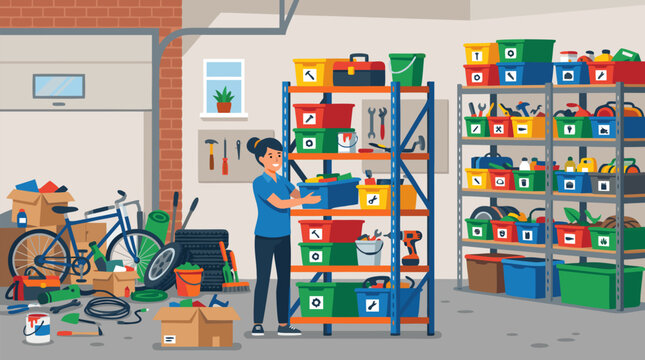 Colorful vector illustration of smiling woman organizing cluttered garage using blue metal shelving colorful storage bins tools boxes bicycle cleaning supplies after messy renovation perfect for home