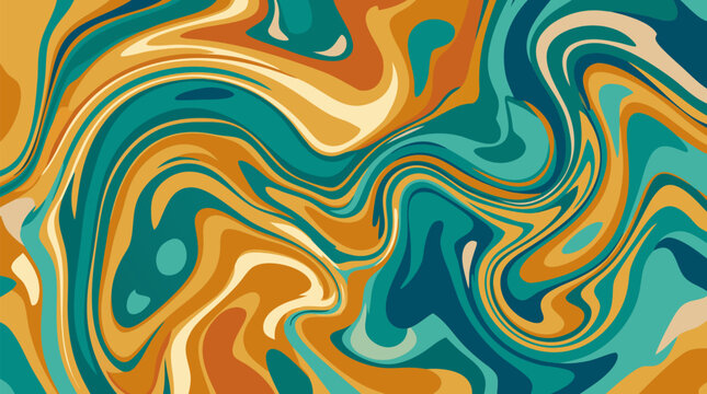 Luxurious abstract fluid art with swirling golden amber teal and cream ripples, liquid marble texture, molten gold streams merging with deep ocean currents, opulent decorative background for premium