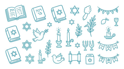 Fototapeta premium Collection of Jewish symbols and objects, including Torah scrolls, Star of David, menorah, candles, dove, and prayer books.