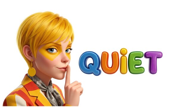 3d smooth render lady with finger to lips shush hush quiet illustration white background