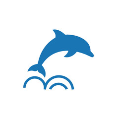 Blue dolphin jumping out of stylized waves, aquatic mammal silhouette on a simple background © mang