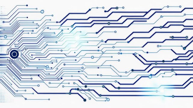 Abstract blue digital circuit board lines on a white background