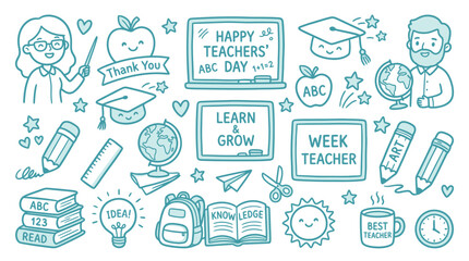 Fototapeta premium Collection of hand-drawn illustrations celebrating teachers and education, perfect for school-related designs.