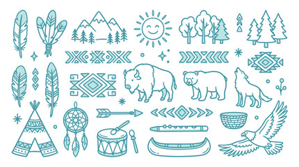 Collection of Native American inspired illustrations including teepee, dreamcatcher, animals, and cultural symbols. © Meila