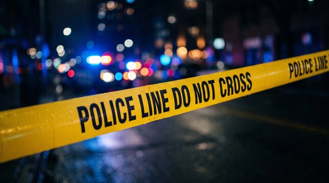 Police Line Do Not Cross Tape with Emergency Lights at Night