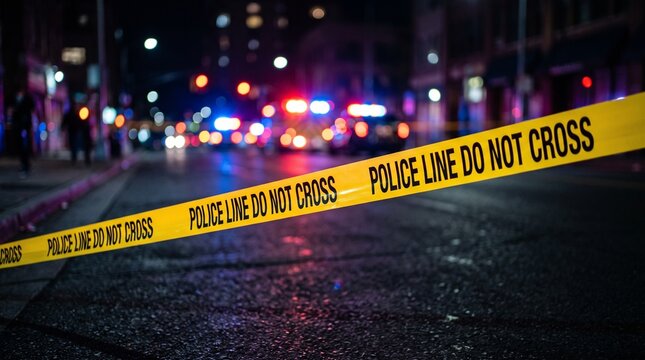 Police Line Do Not Cross Tape with Emergency Lights at Night