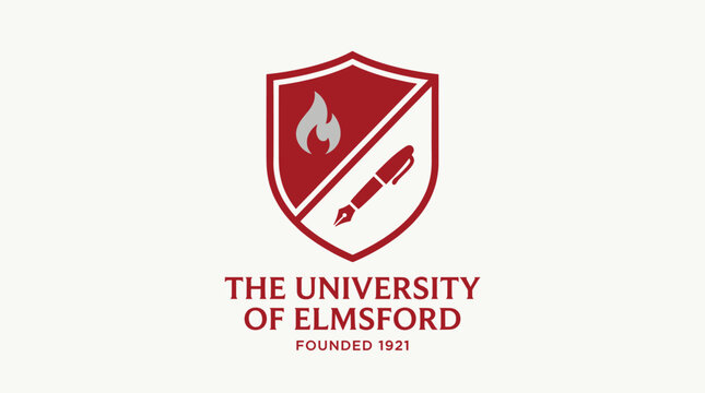 University of Elmsford crest logo with shield flame and pen.