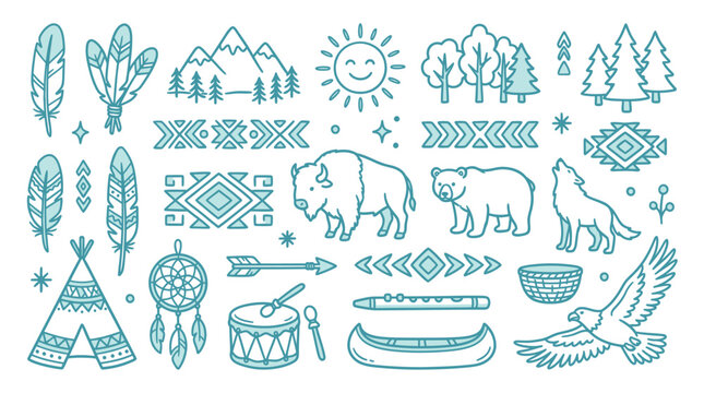 Collection of Native American inspired illustrations including teepee, dreamcatcher, animals, and cultural symbols.