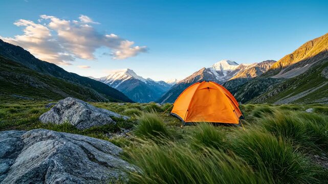 An orange tent stands peacefully in a lush mountain meadow during the golden hour as sunlit peaks rise majestically above the vast horizon to create a serene landscape for adventurous wilderness