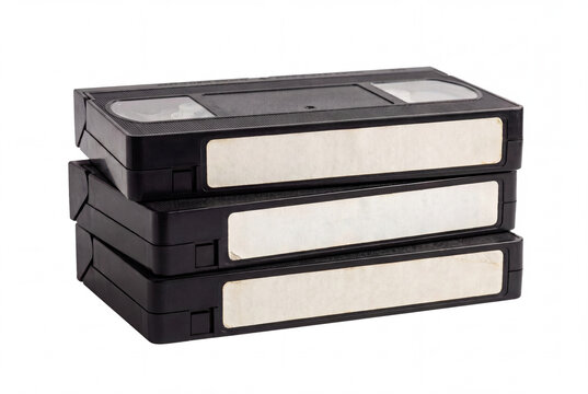Stack of blank label VHS videotapes isolated on white