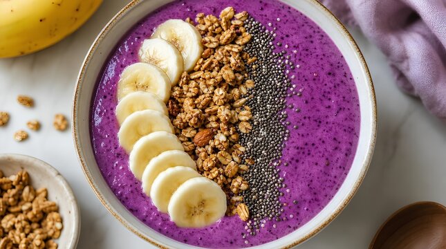 A vibrant purple smoothie bowl topped with banana slices, granola, and chia seeds suits healthy breakfast, vegan food, and nutrition marketing.