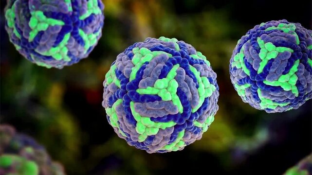 Japanese encephalitis virus particle, 3D animation showing smooth spherical virions with a symmetrical icosahedral glycoprotein lattice, characteristic of Flaviviridae.