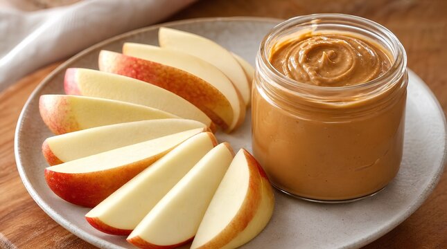 Fresh apple slices arranged beside an open jar of creamy peanut butter on a ceramic plate, ideal for healthy snack, recipe, or lunchbox promotions.