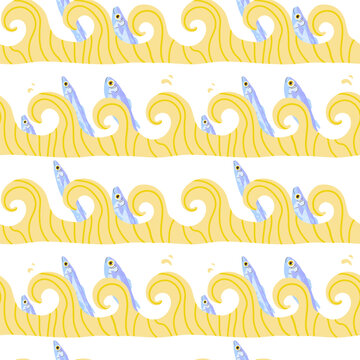 Seamless pattern with blue fish swimming through stylized yellow ocean waves