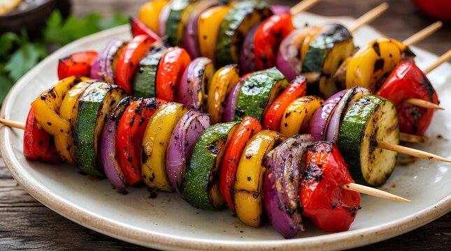 Colorful grilled vegetable skewers with zucchini, bell peppers and red onion on a ceramic plate, ideal for vegetarian barbecue menus and summer catering promotions.