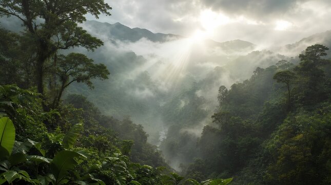 Sunbeams break through clouds over a misty tropical rainforest valley and mountain canopy, suited to eco travel, conservation, and adventure promotion.