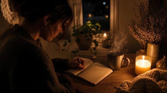 A woman writes in a notebook by candlelight beside a steaming mug and window at night, suited to campaigns about journaling, self care, and cozy home routines.