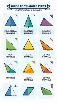 Guide to Triangle Types: Classification and Names, Featuring Equilateral, Isosceles, Scalene, Right, Acute, and Obtuse Triangles with Visual Labels and Geometric Markings, Flat Vector Illustration