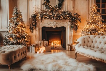 Obraz premium Christmas trees and fireplace in opulent living room
