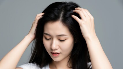 Fototapeta premium A young woman touches her hair in concern, possibly experiencing hair loss or scalp issues, with a worried expression