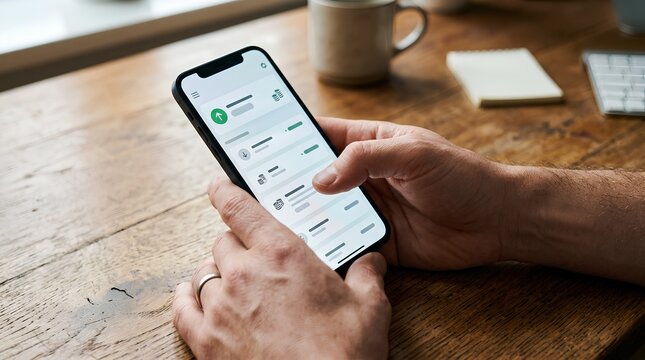 Hands using a smartphone with a financial app interface on a wooden desk, useful for mobile banking, fintech, productivity, and digital payment promotions.