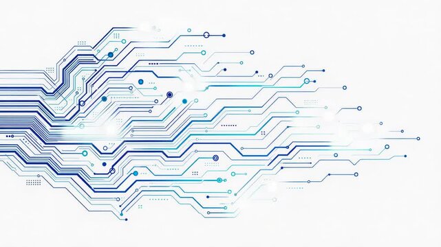 Abstract digital circuit lines and nodes in blue on a white background