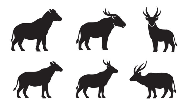 Wild animal silhouettes vector set, black antelope and deer icons, 6 wild ungulate mammal figures for nature branding and logo design