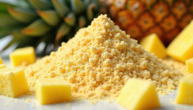 Pile of yellow freeze dried pineapple powder with fresh fruit chunks and whole pineapple in background. Fine dust texture for healthy food recipes.