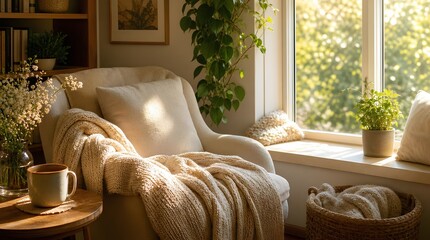 A sunlit cozy armchair with knitted blankets, plants, books, flowers, and a mug creates a calm reading nook for home decor or wellness themes.