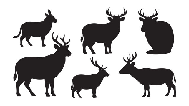 Deer silhouette vector collection, wild stag and buck animal shapes, set of 6 forest elk and reindeer silhouettes for hunting and nature design