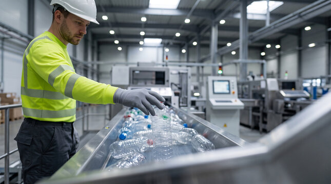 Factory worker in yellow jacket sorting plastic bottles on conveyor